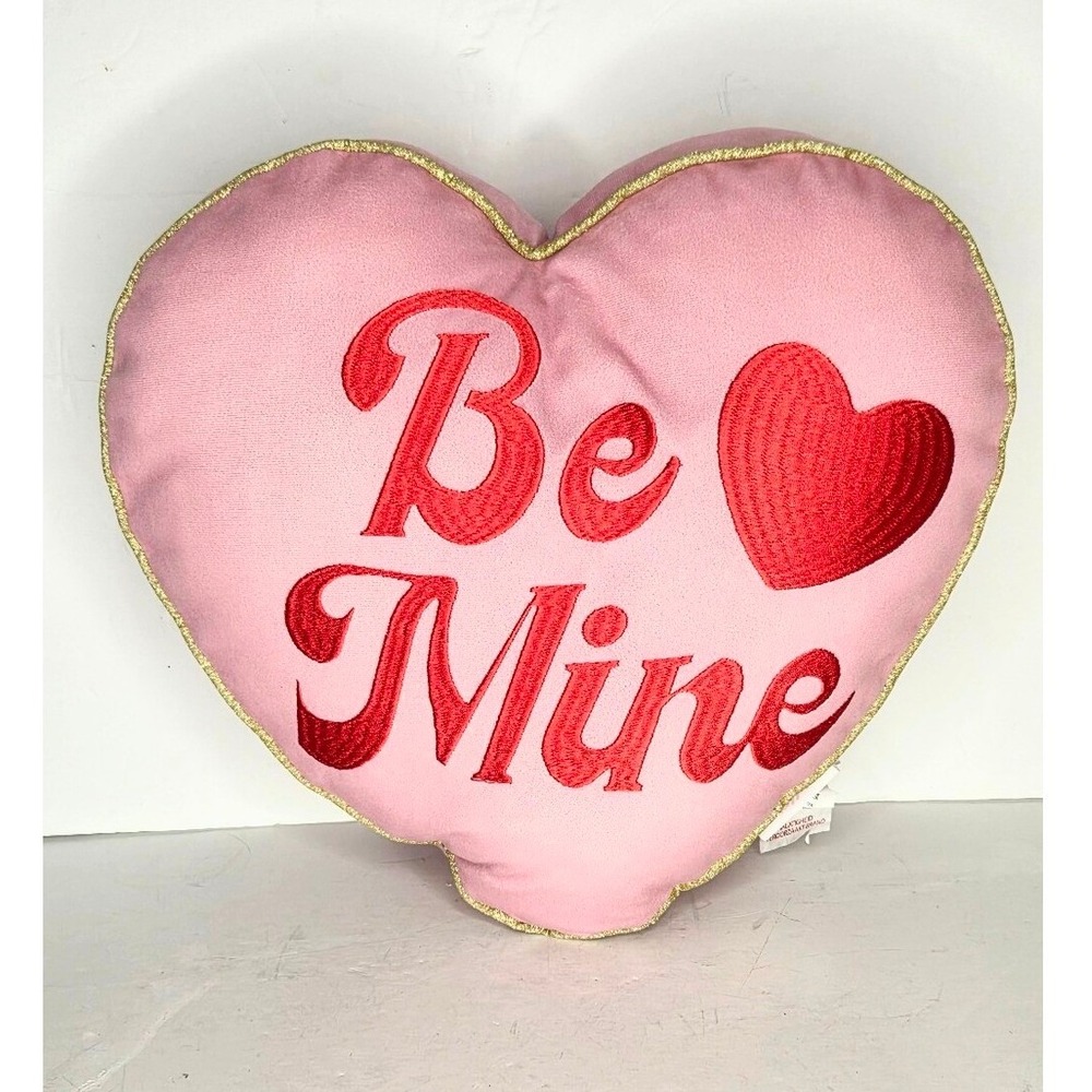 Be Mine Pink Heart Shaped Pillow Red Embroidery And Gold Trim Valentines Day